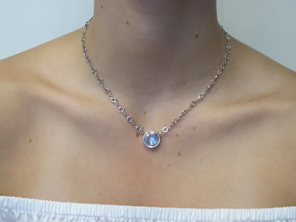 3.45 ct. Rainbow Moonstone, Bezel Set 18k White Gold Handmade Pendant Necklace