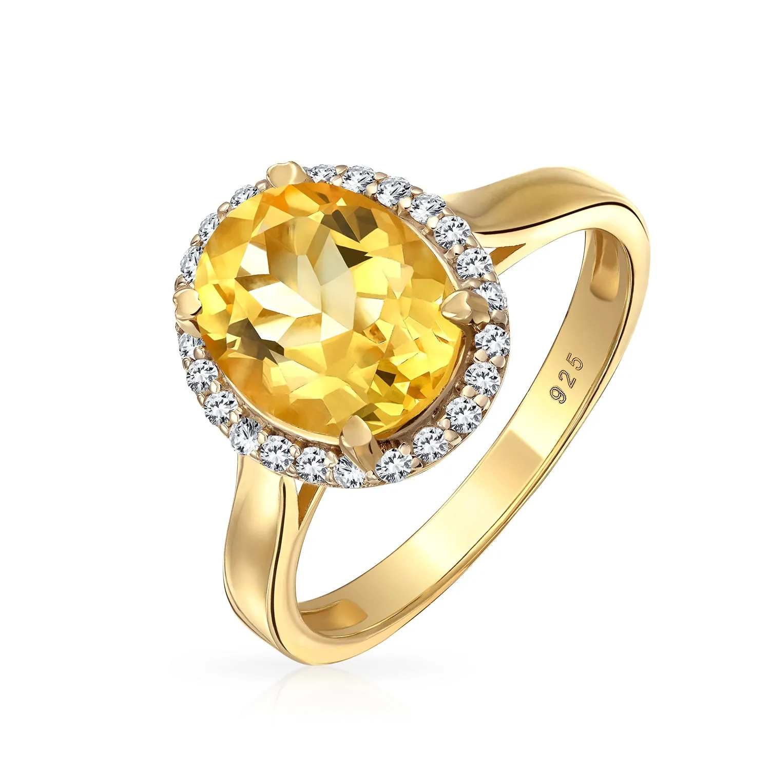 3CT Oval Gemstone Yellow Citrine CZ Halo Ring Gold Plated Sterling Silver