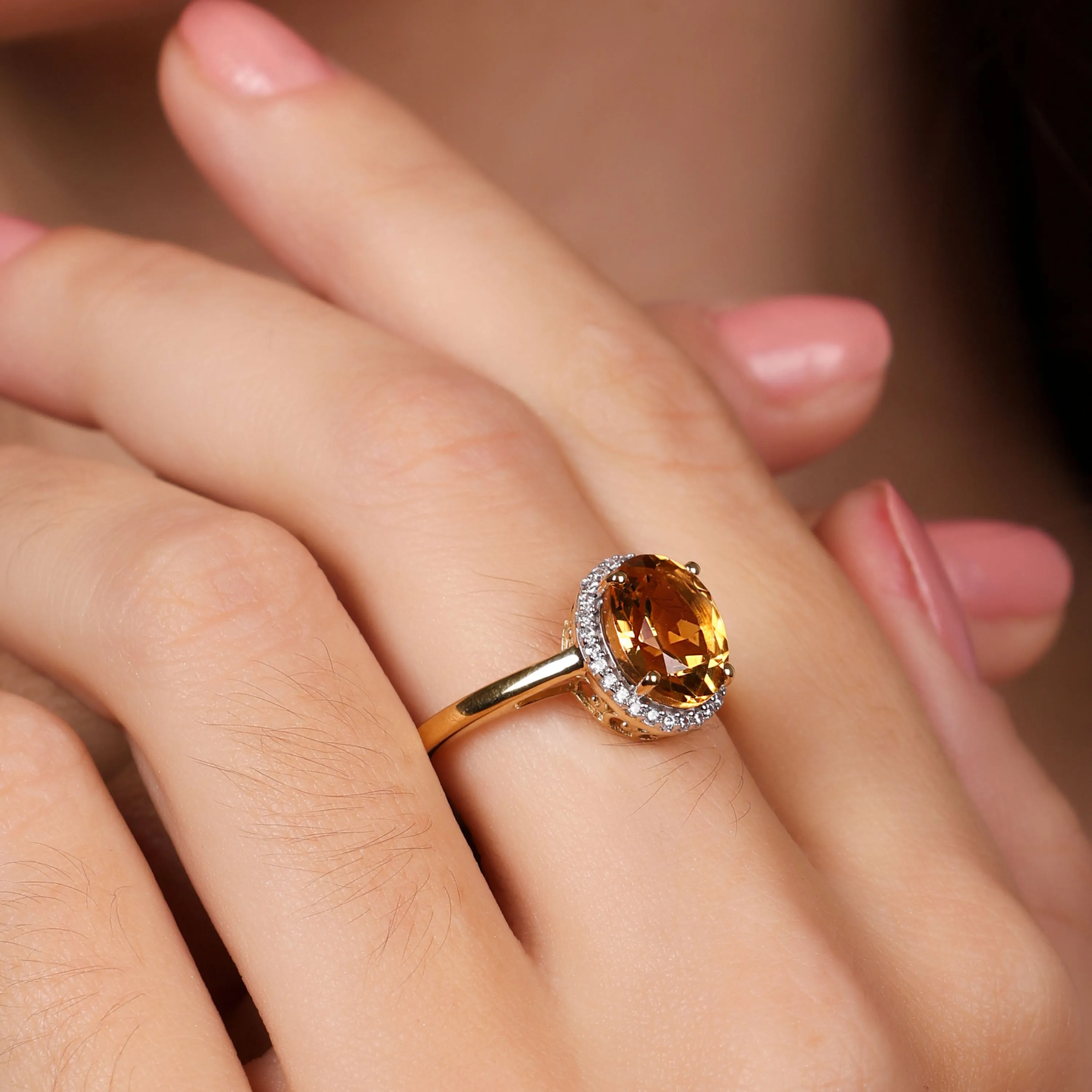 3CT Oval Gemstone Yellow Citrine CZ Halo Ring Gold Plated Sterling Silver