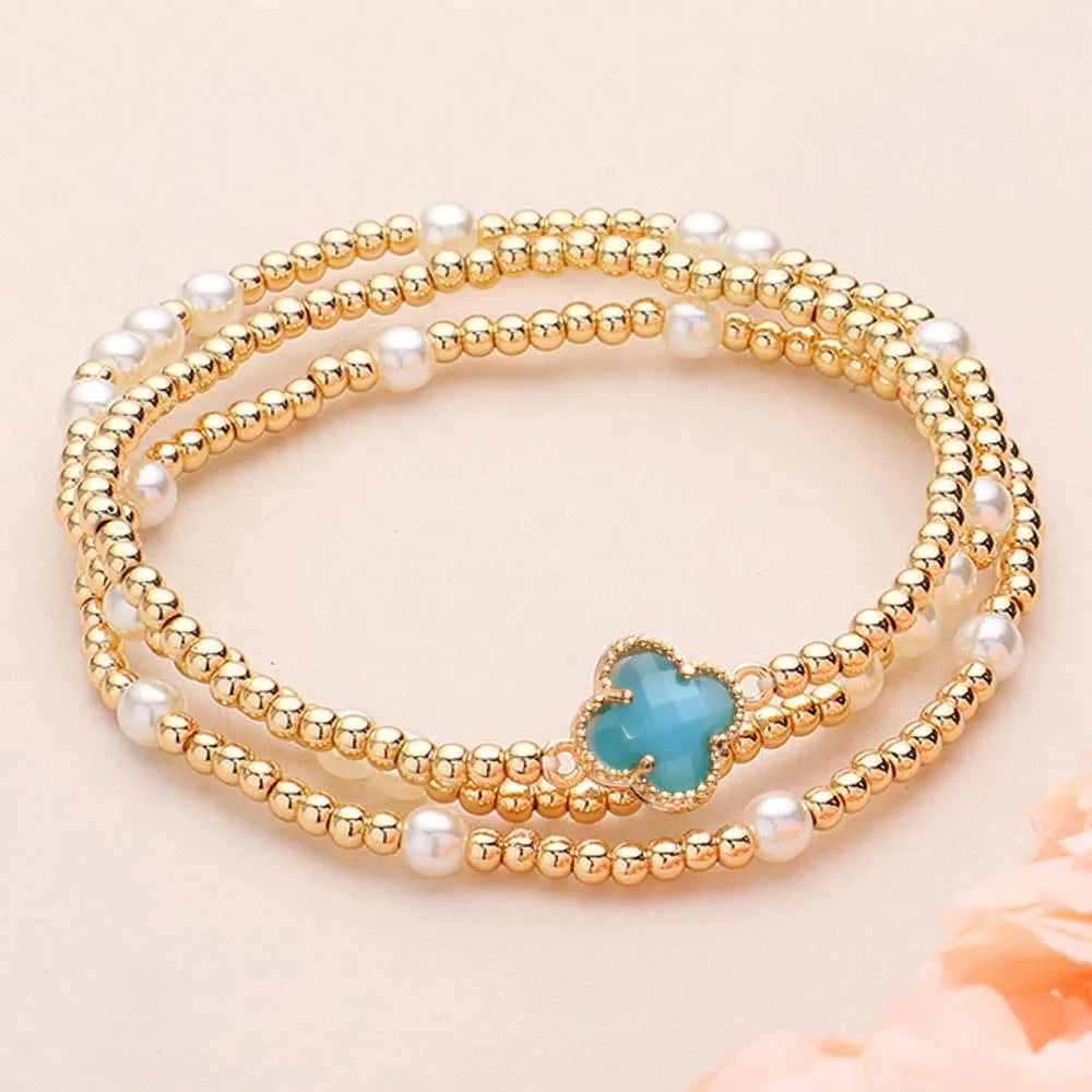 3PCS QUATREFOIL PEARL BEAD STRETCH MULTI LAYERED BRACELETS (MULTIPLE COLORS)