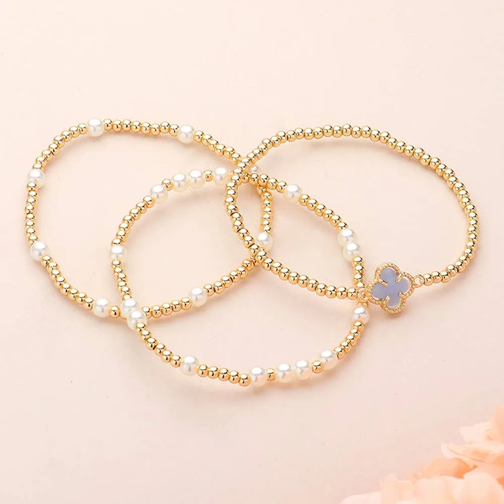 3PCS QUATREFOIL PEARL BEAD STRETCH MULTI LAYERED BRACELETS (MULTIPLE COLORS)