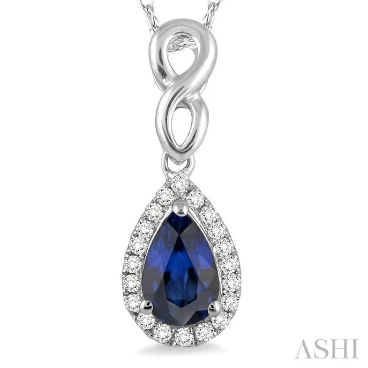 6x4 MM Pear Shape Sapphire and 1/10 ctw Round Cut Diamond Pendant in 14K White Gold with Chain