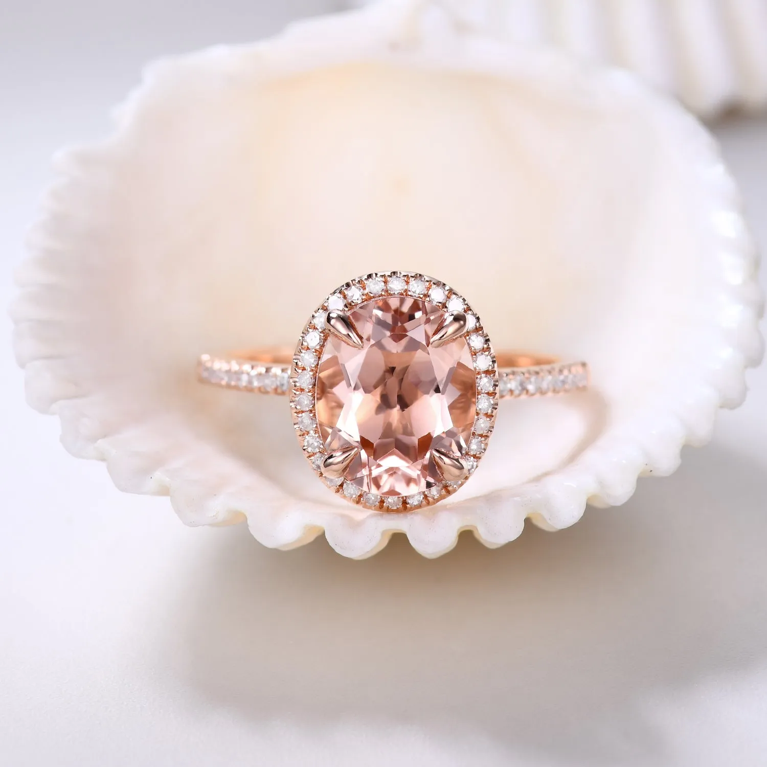 7x9mm Oval Cut Halo Morganite and Diamond Engagement Ring Petite Thin