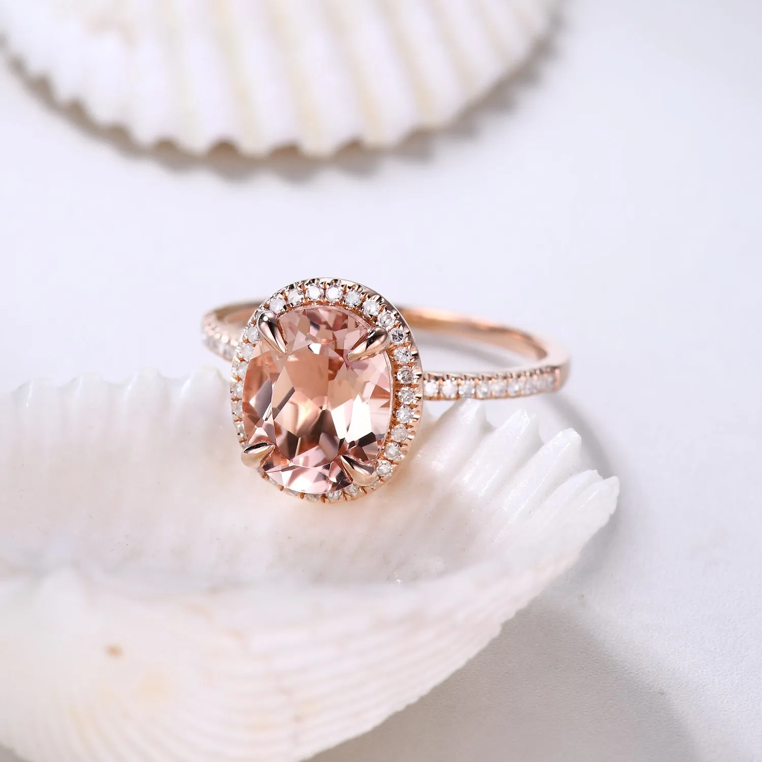 7x9mm Oval Cut Halo Morganite and Diamond Engagement Ring Petite Thin