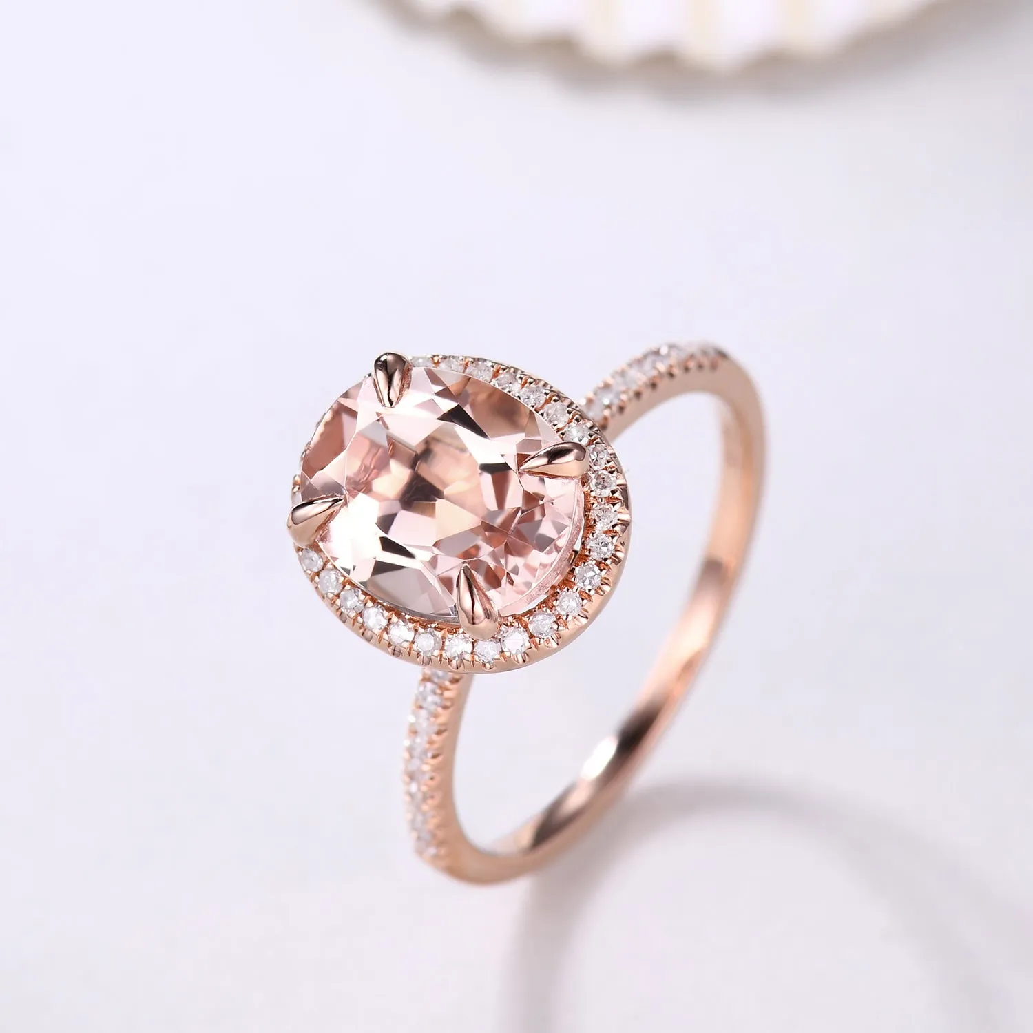7x9mm Oval Cut Halo Morganite and Diamond Engagement Ring Petite Thin