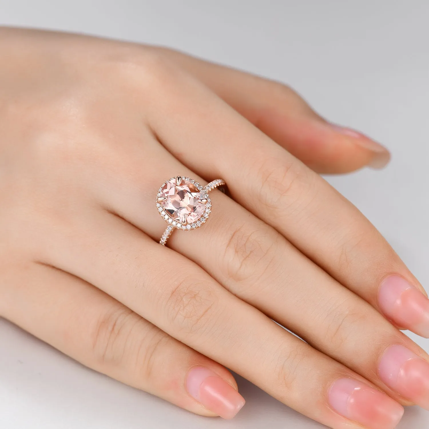 7x9mm Oval Cut Halo Morganite and Diamond Engagement Ring Petite Thin