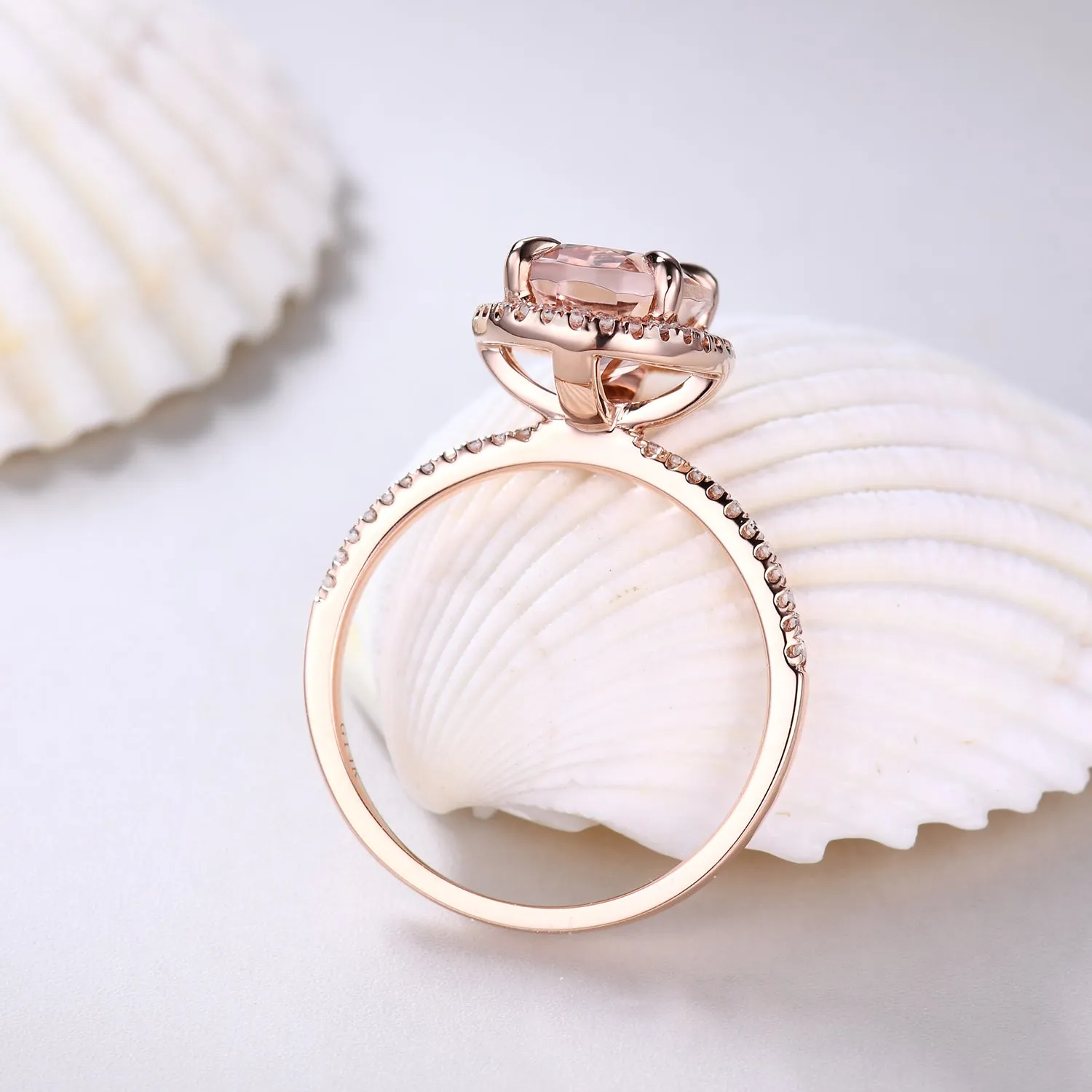 7x9mm Oval Cut Halo Morganite and Diamond Engagement Ring Petite Thin