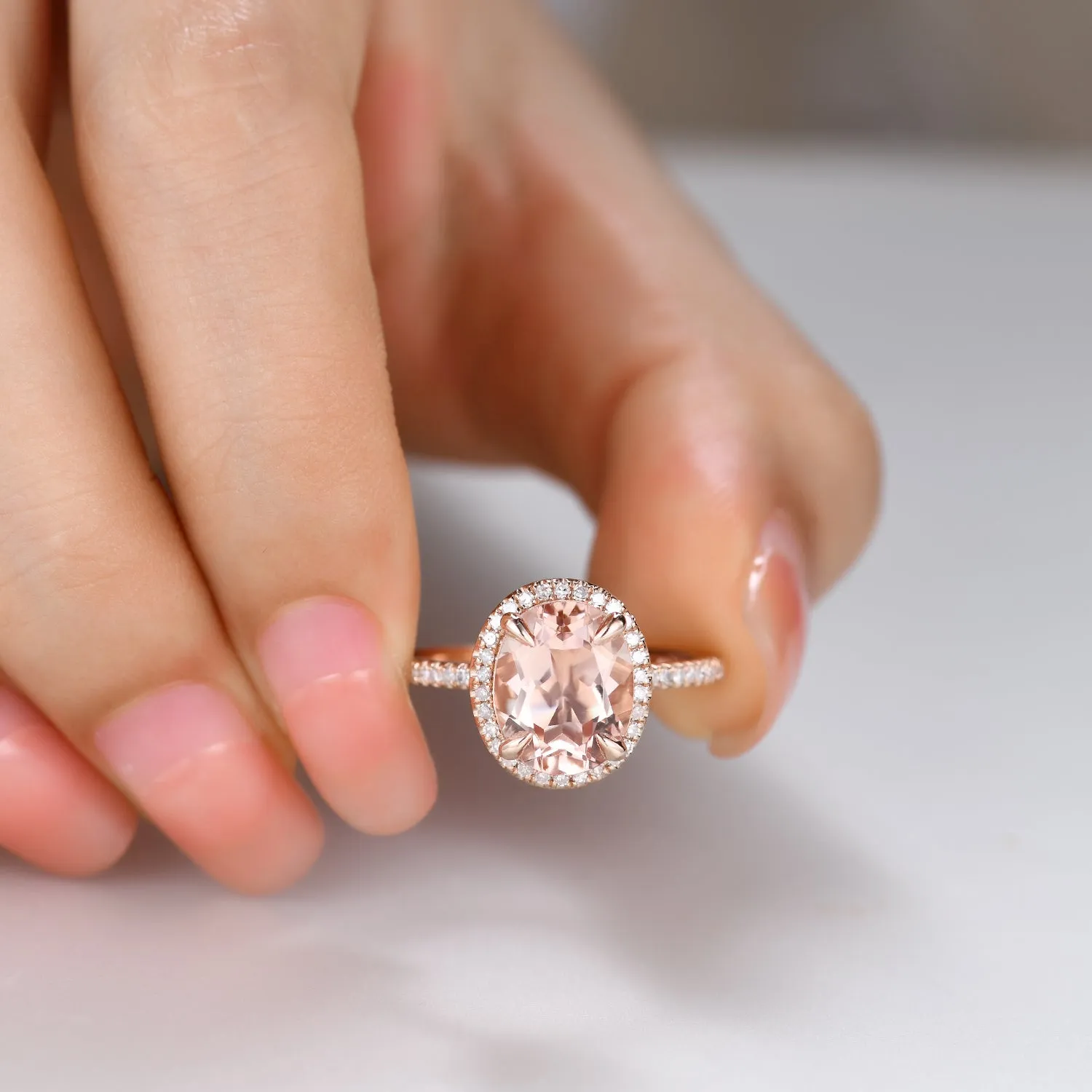 7x9mm Oval Cut Halo Morganite and Diamond Engagement Ring Petite Thin