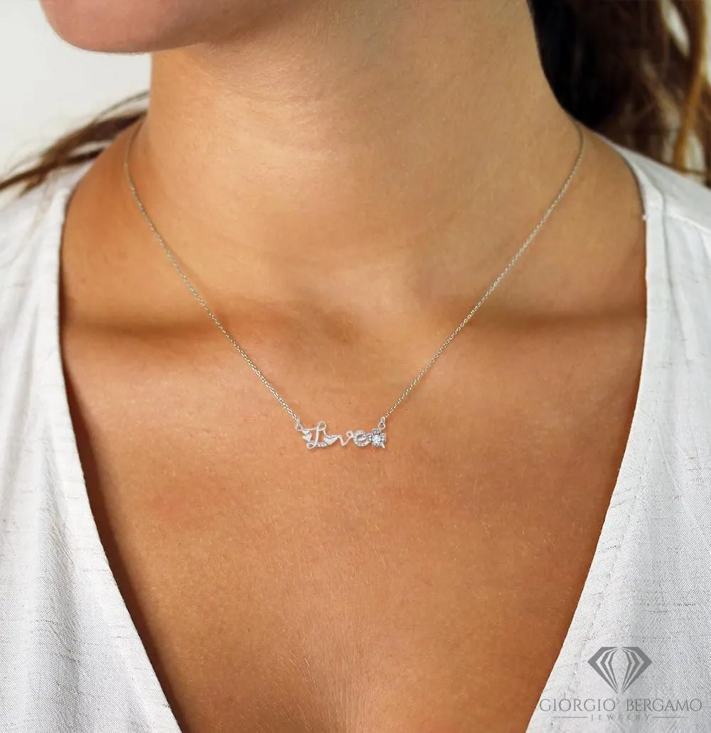 925 Sterling Silver Micro Pave Script Love Bar Necklace