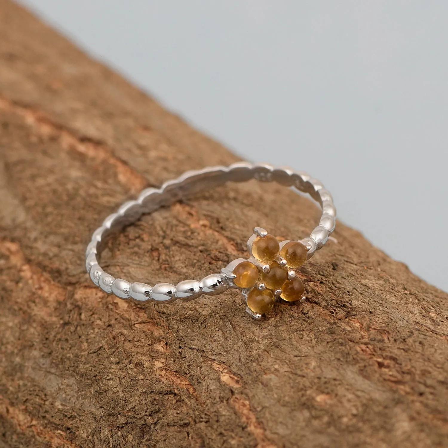 925 Sterling Silver Round 0.25 Ctw Citrine Cab Stackable Women Ring