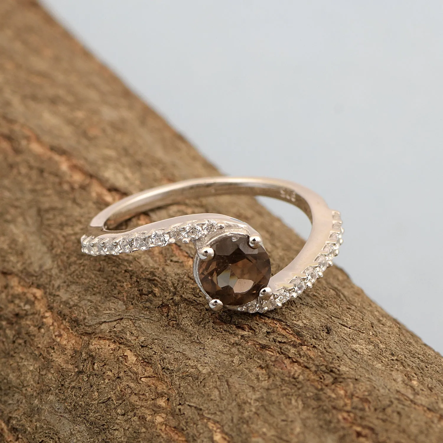 925 Sterling Silver Round 5mm Smoky Quartz Women Wedding Ring