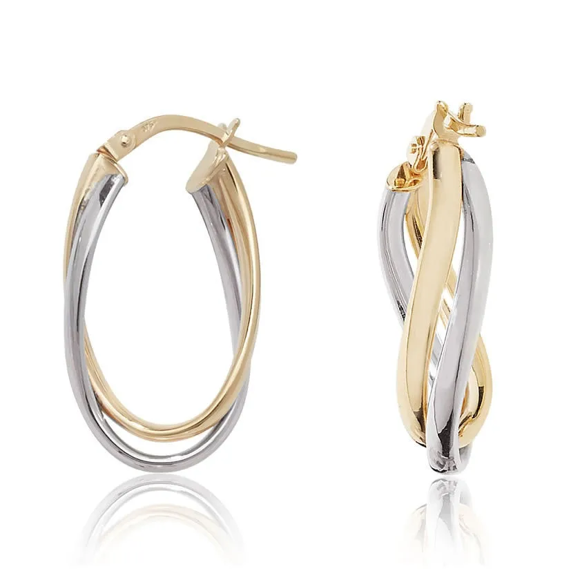 9ct Gold Two Colour Oval Twist Creole Hoop Earrings
