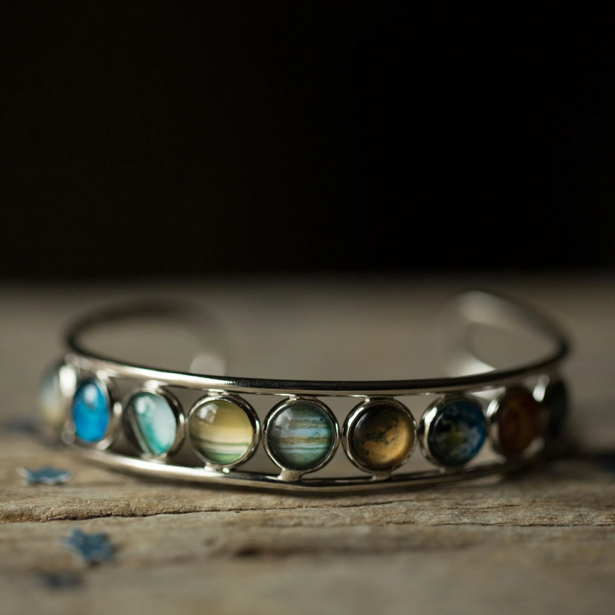 Adjustable Solar System Bangle Bracelet - Rhodium Plated Brass & Glass Materials