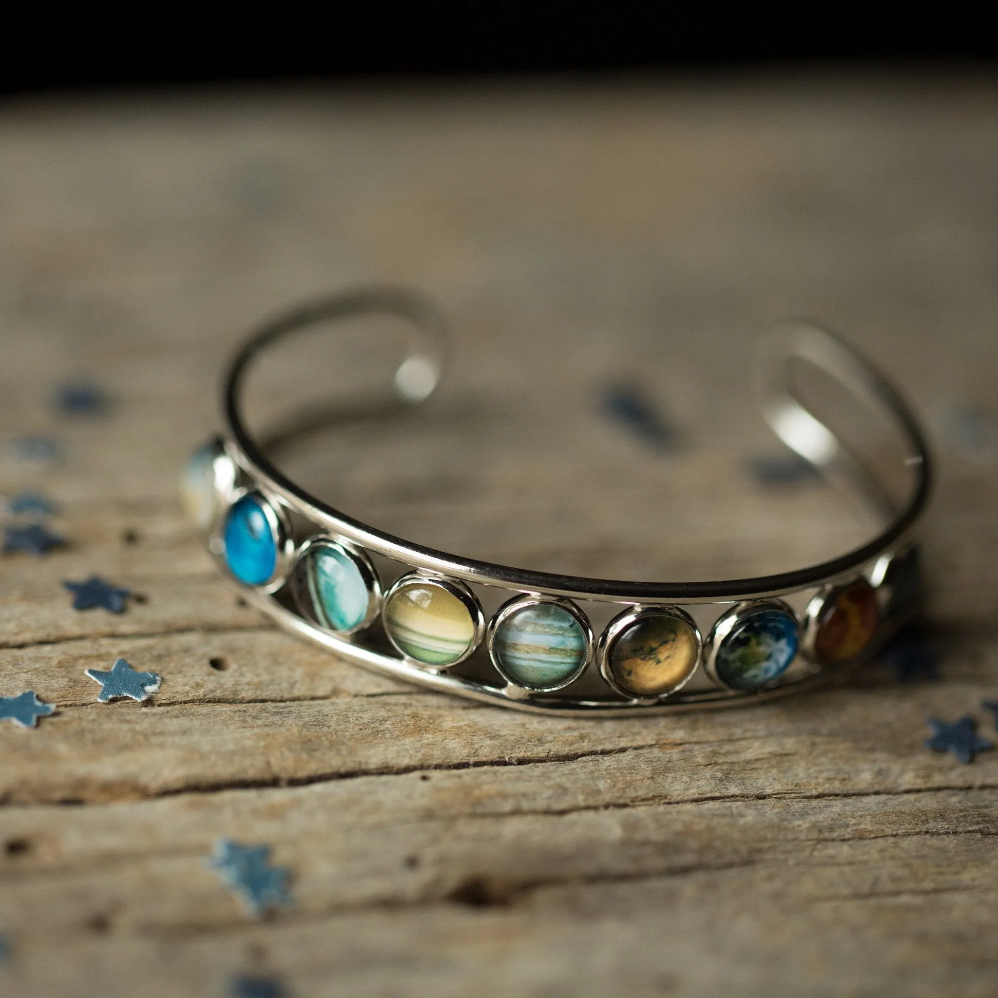 Adjustable Solar System Bangle Bracelet - Rhodium Plated Brass & Glass Materials