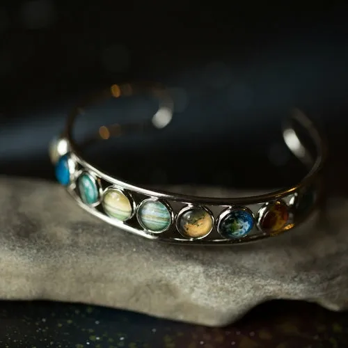 Adjustable Solar System Bangle Bracelet - Rhodium Plated Brass & Glass Materials