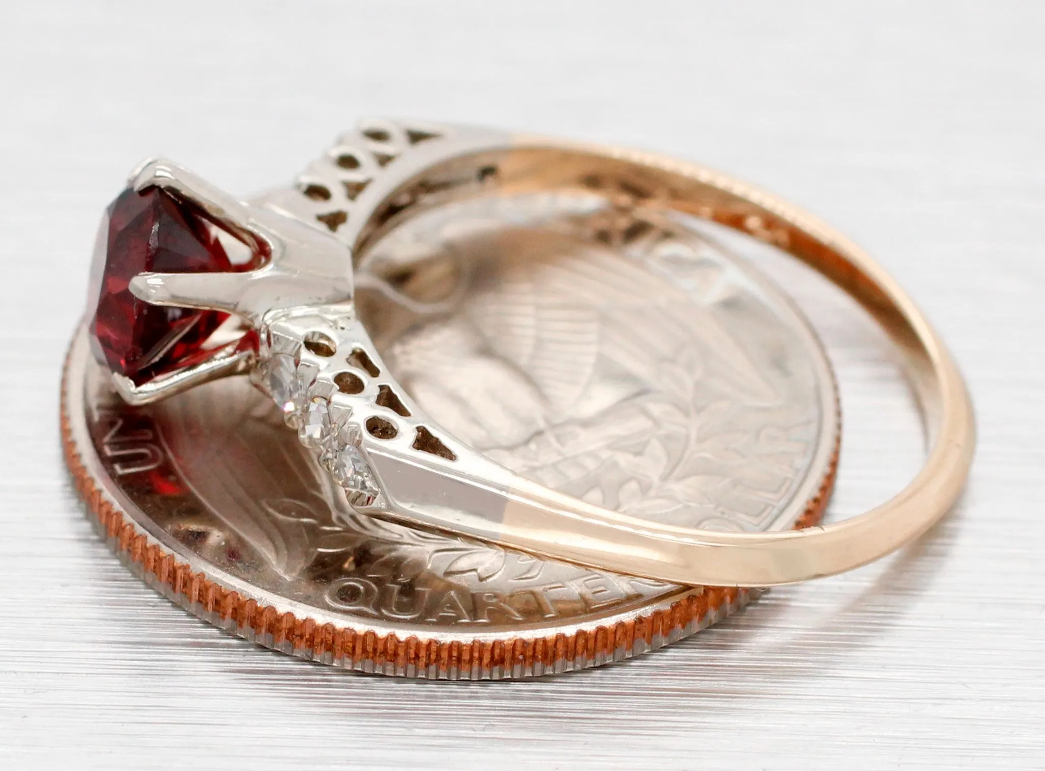 Antique Art Deco Oval Garnet Engagement Ring w/ Diamond Accents - 14k Gold