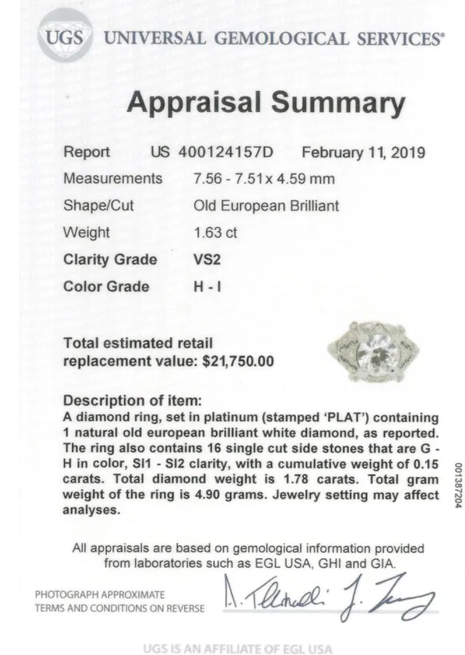 Art Deco Platinum 1.63 Ct Old European Cut EGL Certified Diamond Engagement Ring