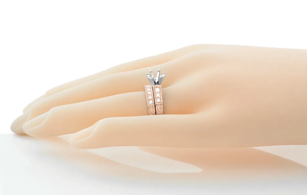 Art Deco Vintage Style Engraved Scrolls 1 Carat Round Diamond Engagement Ring Setting and Wedding Ring in 14 Karat Rose ( Pink ) Gold