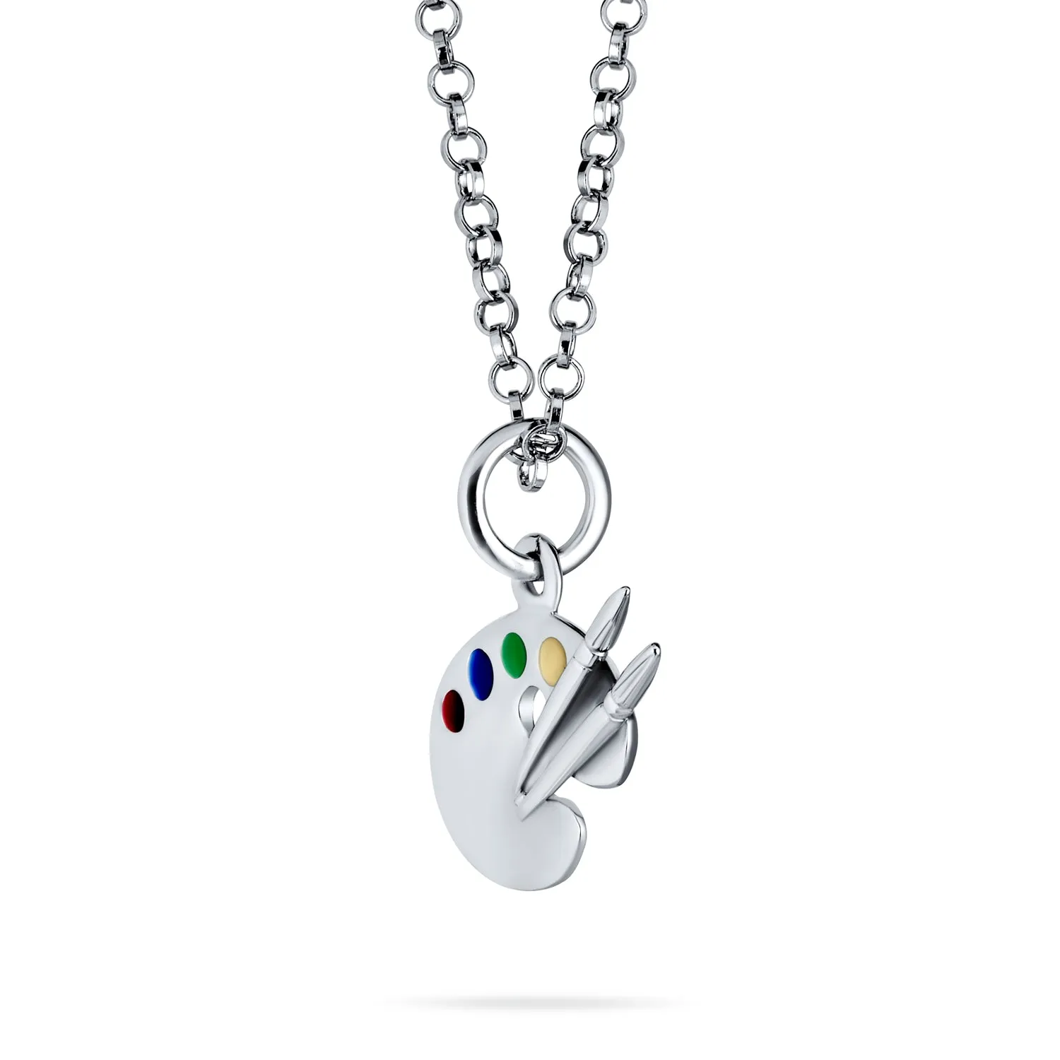 Art Palette & Paint Brush Pendant Necklace for Art Teachers Sterling Silver