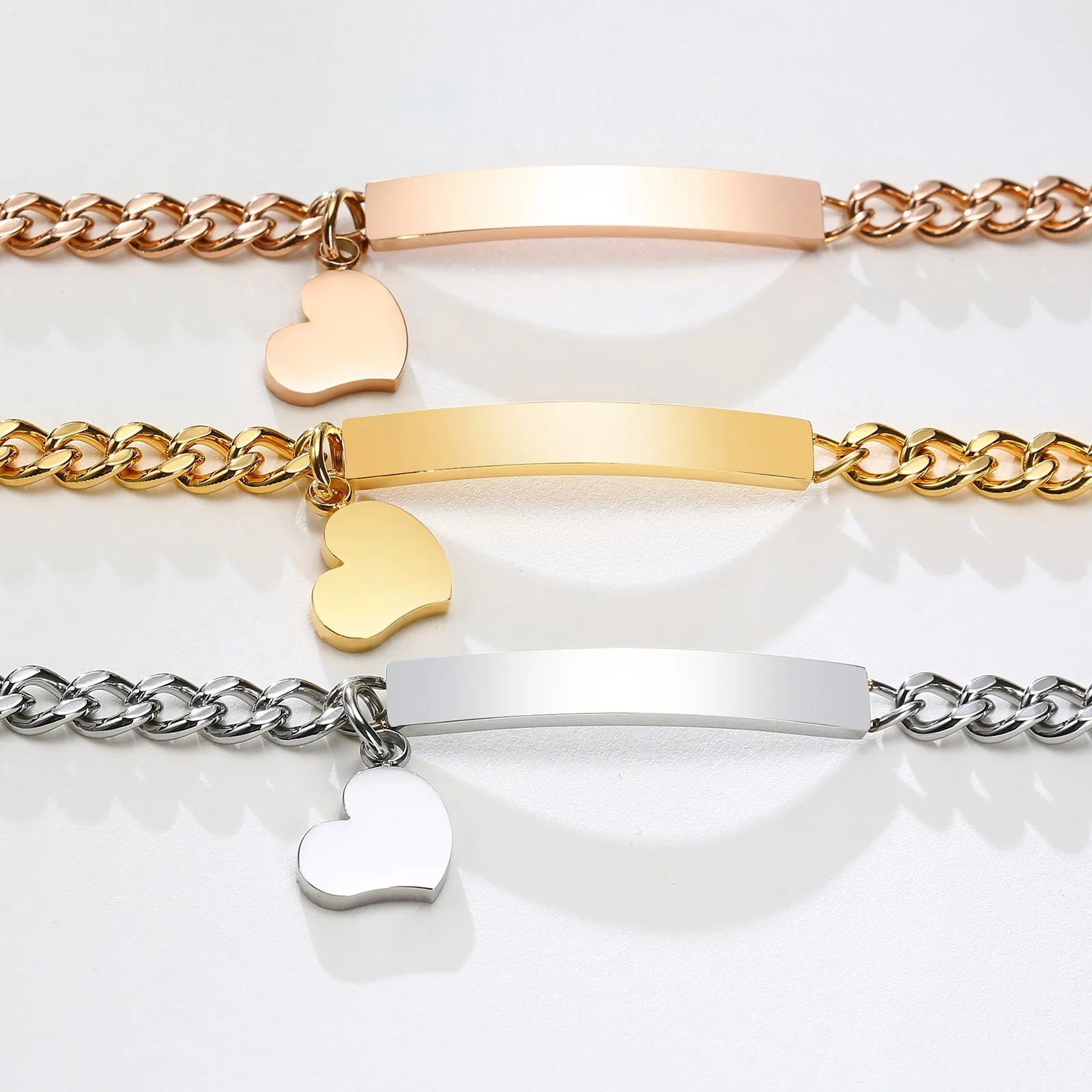Baby and Children's Bracelets:  Steel with Rose Gold IP Engravable Bracelets with Heart Charm Age 3 Months to 5 Years
