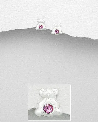 Baby and Children's Earrings:  Sterling Silver Teddy Bear Earrings with Pink CZ