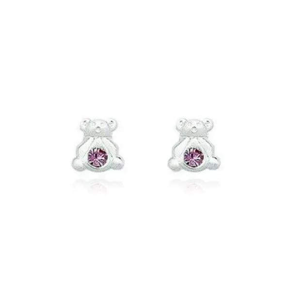 Baby and Children's Earrings:  Sterling Silver Teddy Bear Earrings with Pink CZ