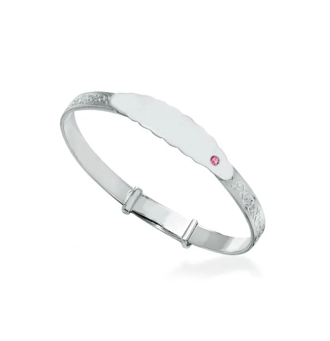 Baby Bangles:  Sterling Silver Embossed ID Bangle with Pink CZ Newborn - 18 months with Gift Box