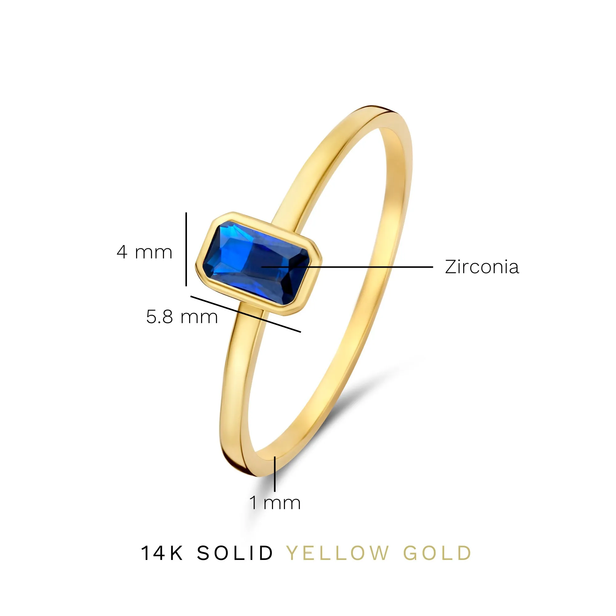 Baguette Nila 14 karat gold ring with blue zirconia stone