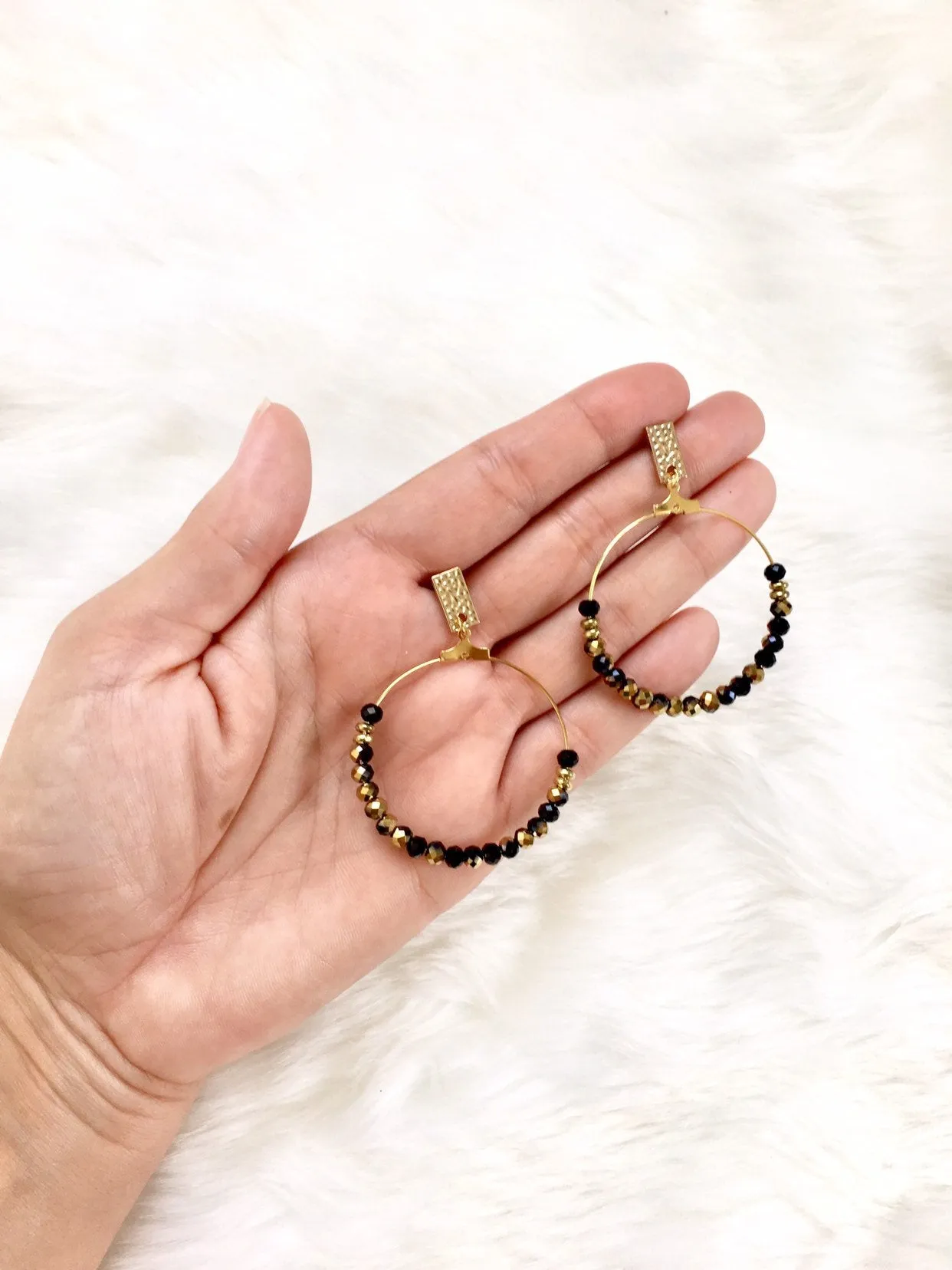 Black & Gold Beaded Hoop Earrings