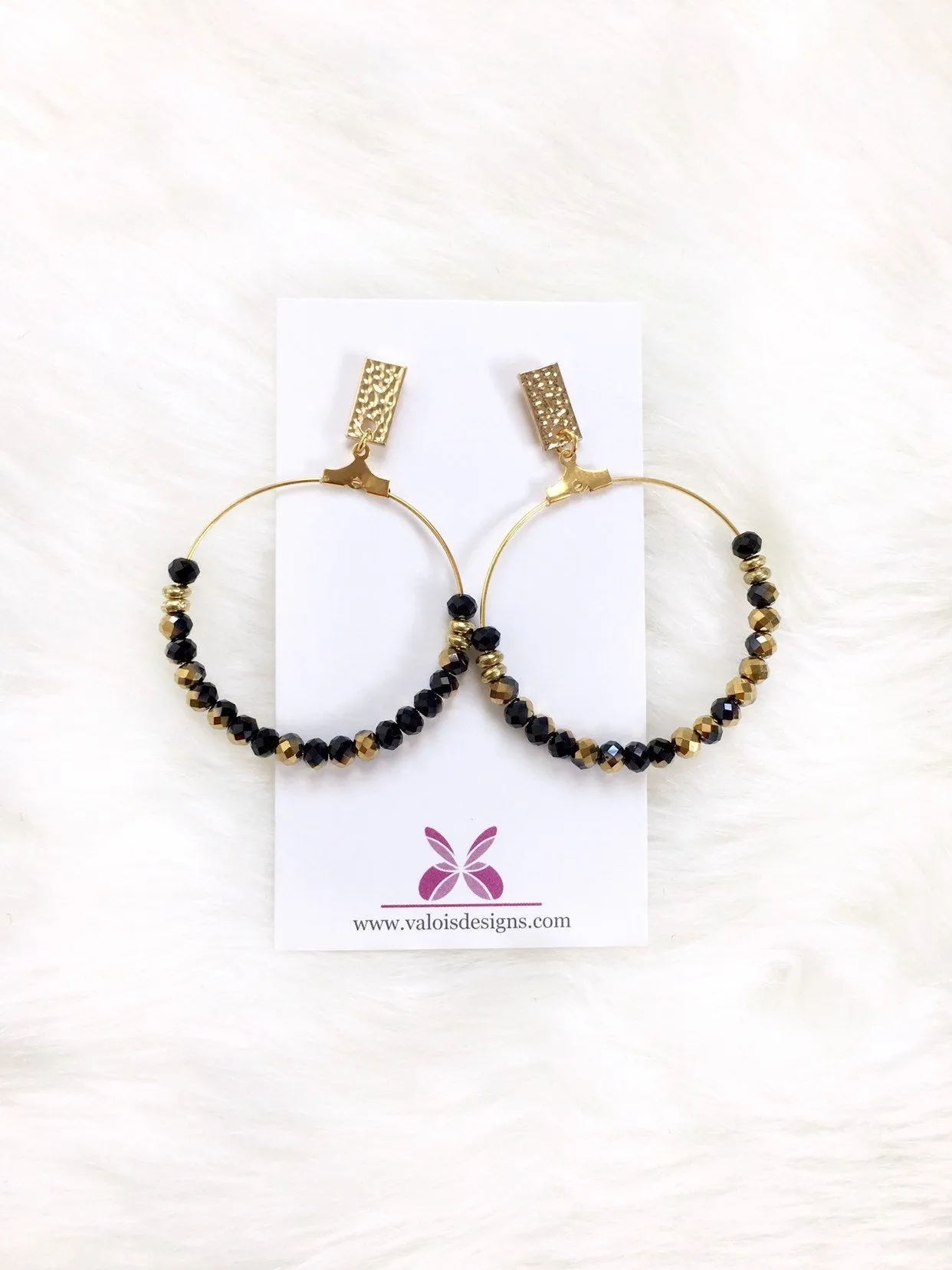 Black & Gold Beaded Hoop Earrings