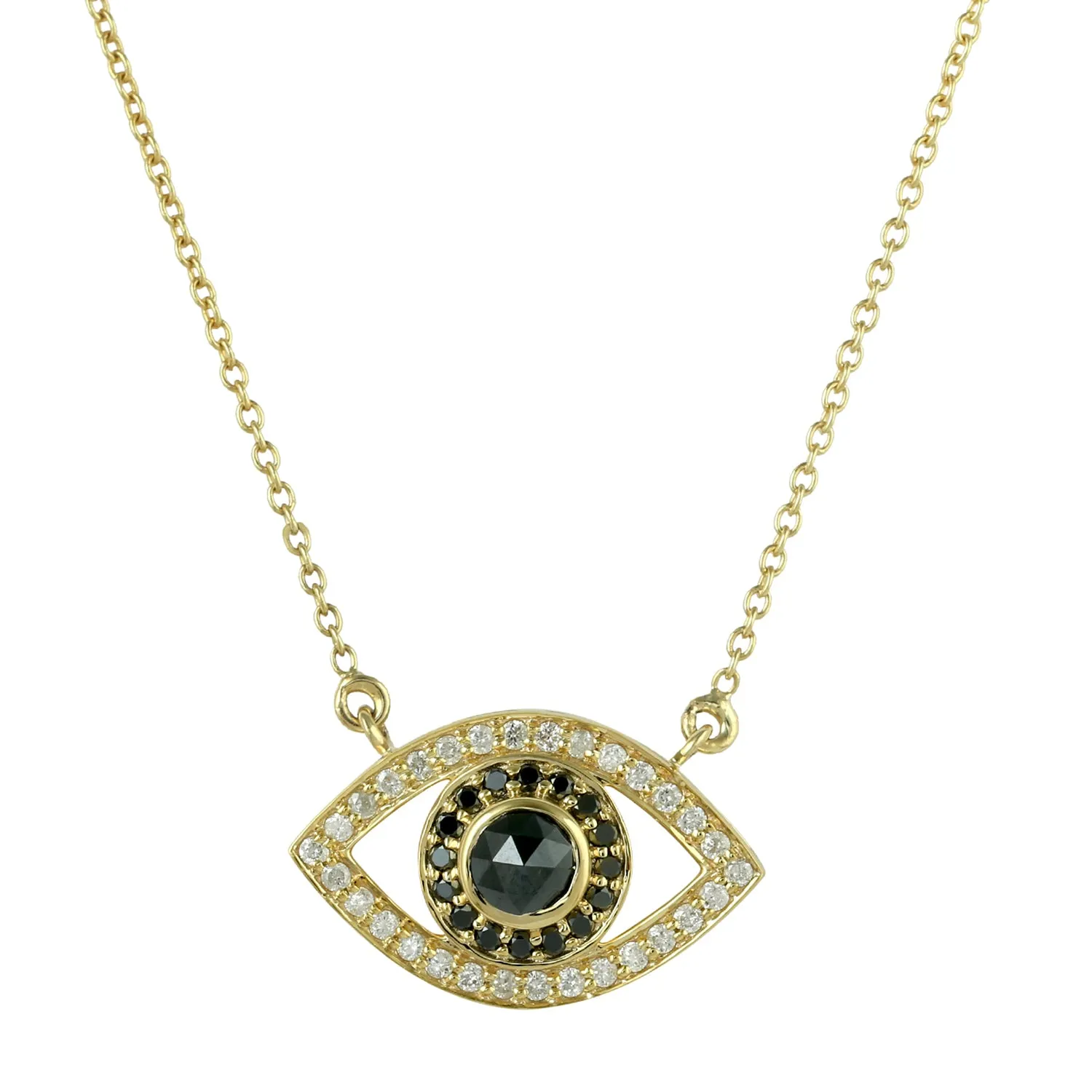 Black And White Diamond Evil Eye Choker Necklace In 14K Yellow Gold