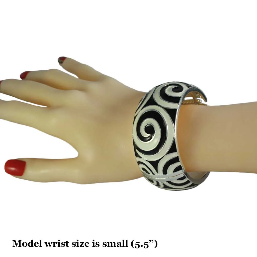Black Enamel with White Enamel Swirls Hinged Bangle - BG507