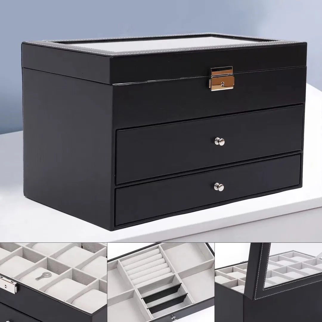 Black Faux Leather Jewelry Box With Three Layers