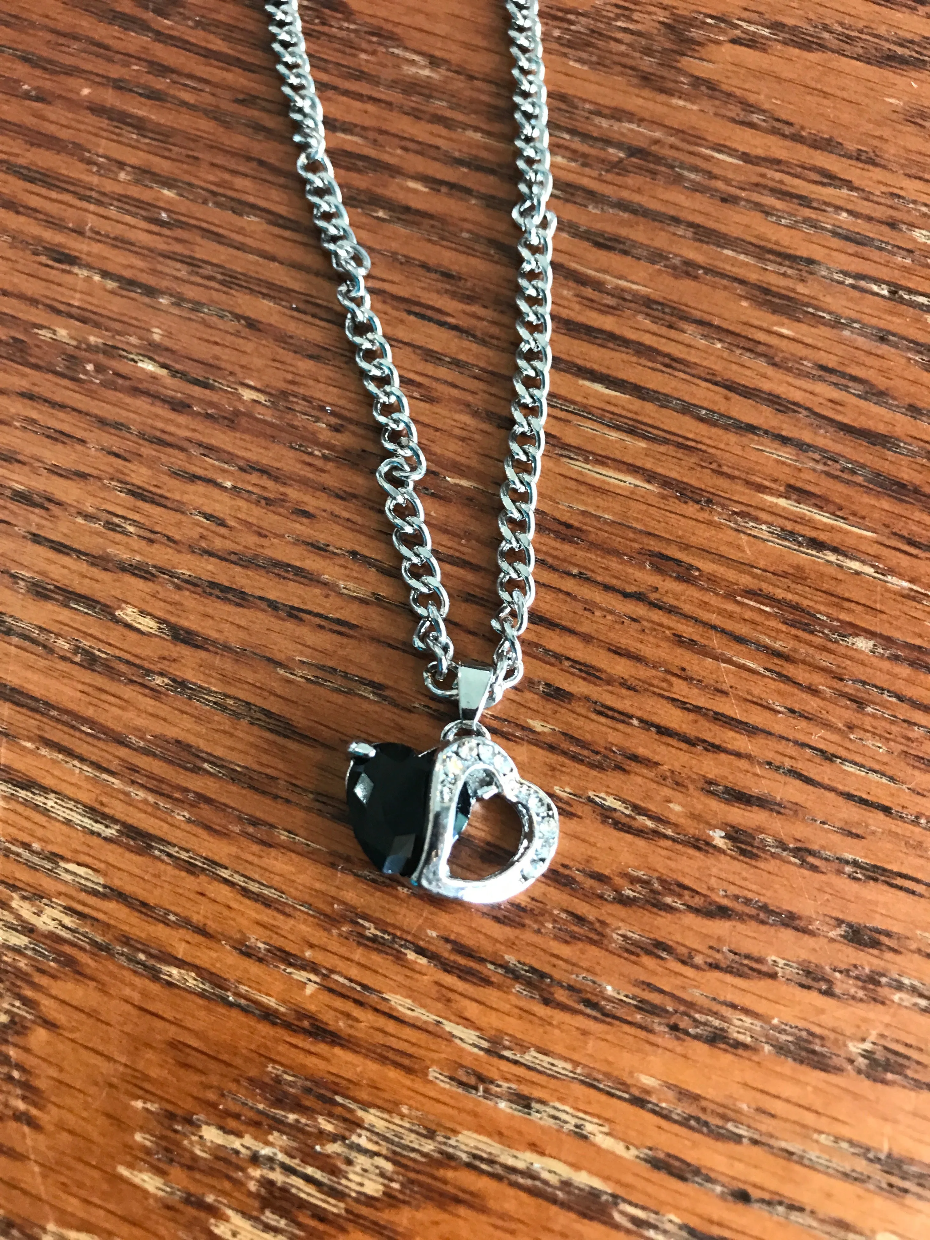 Black Heart w/Faux Diamonds Silver Necklace