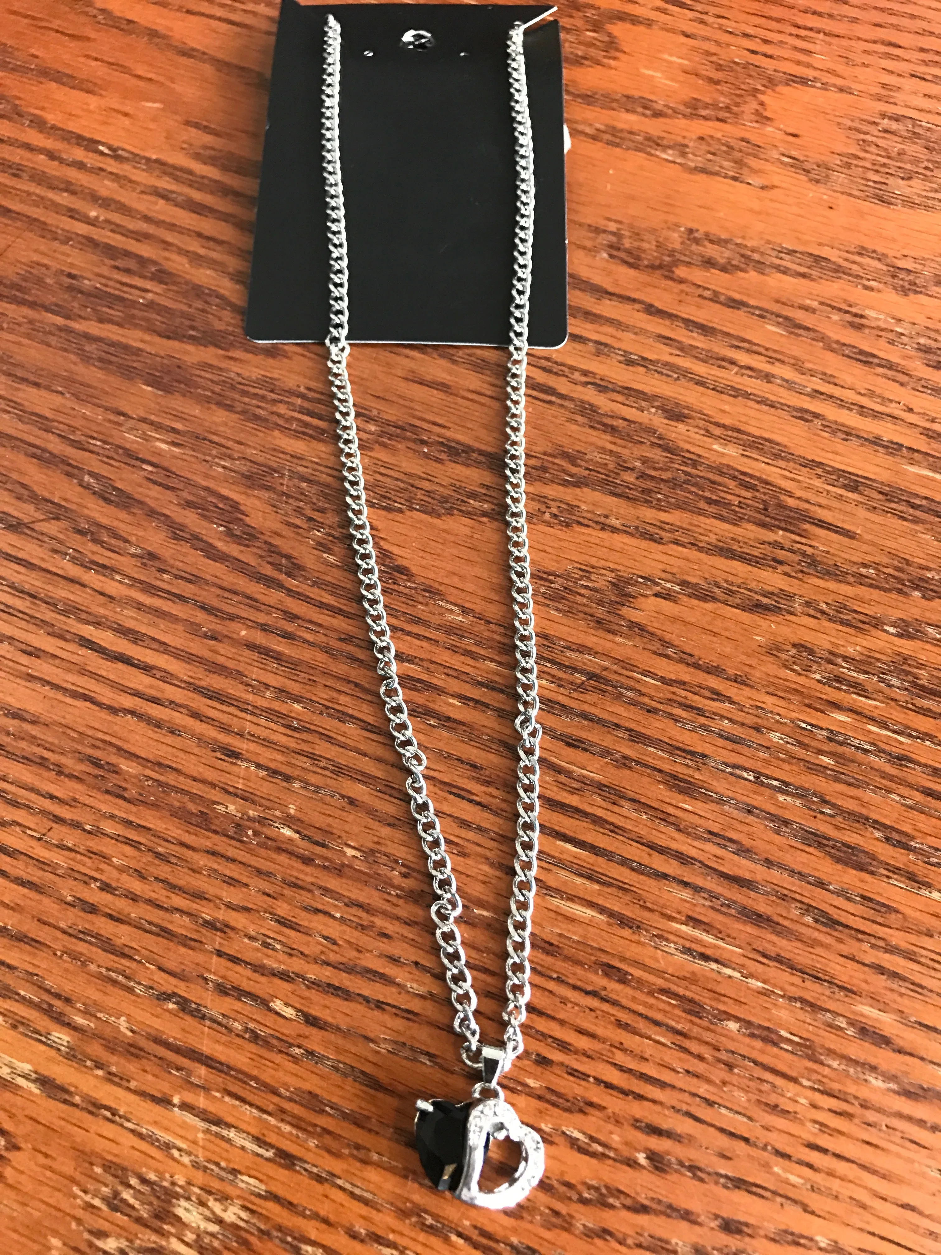 Black Heart w/Faux Diamonds Silver Necklace