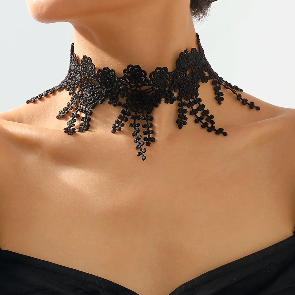 Black Polyster & Silver-Plated Lace Flower Choker Necklace