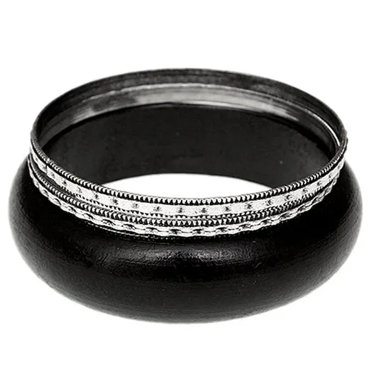 Black Wooden Stacked Bangle Bracelets