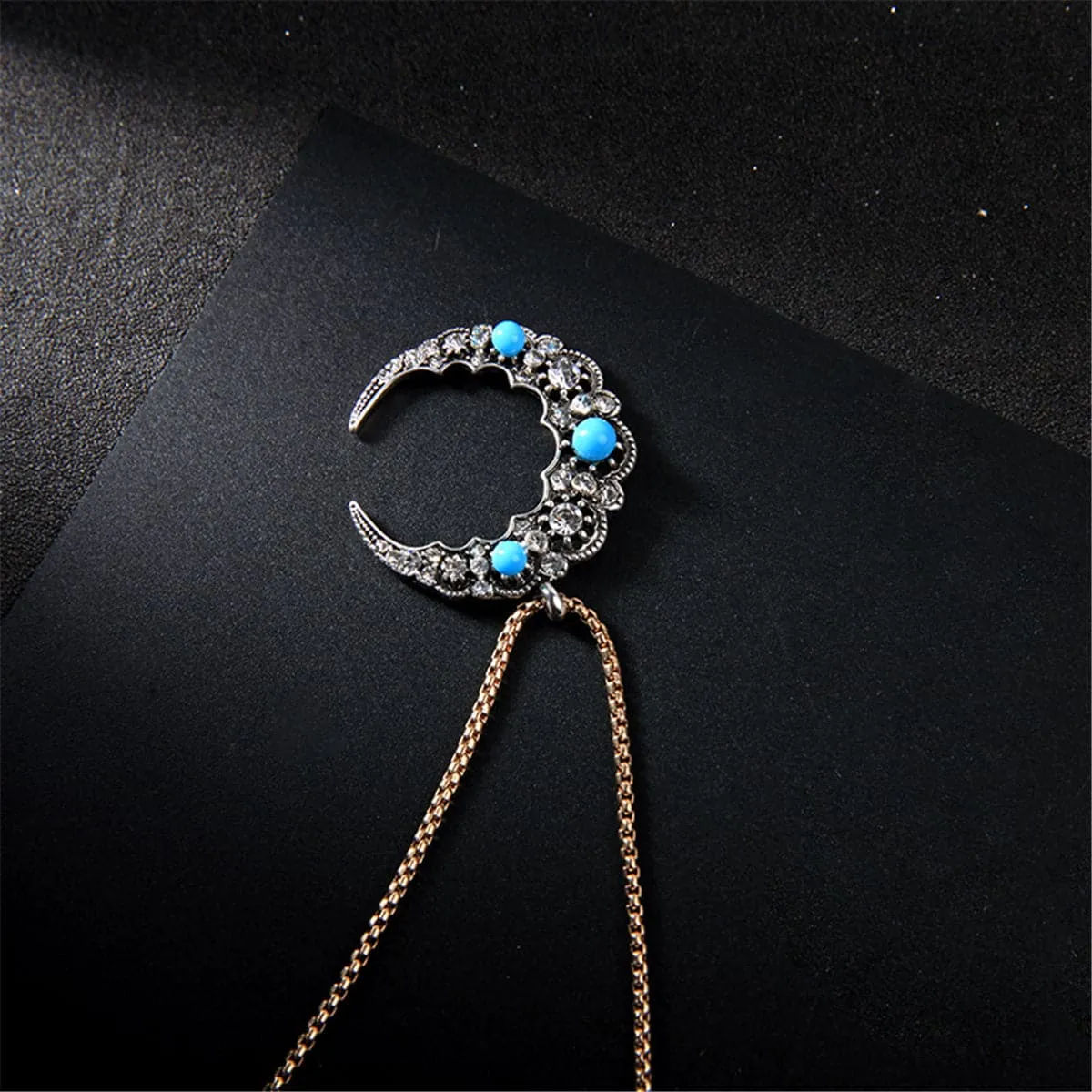 Blue Cubic Zirconia & 18K Gold-Plated Moon Pendant Necklace