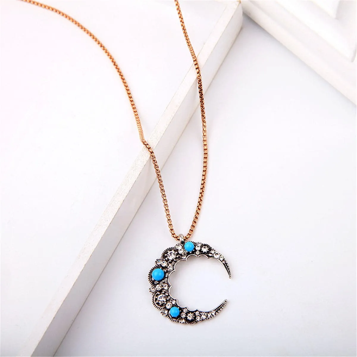 Blue Cubic Zirconia & 18K Gold-Plated Moon Pendant Necklace
