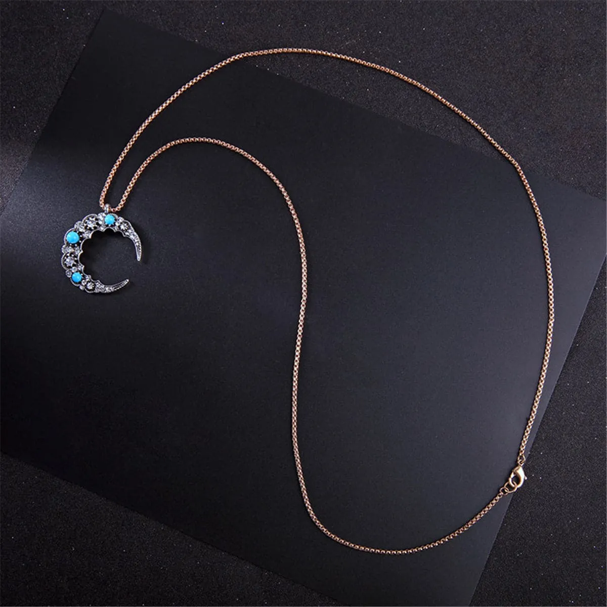 Blue Cubic Zirconia & 18K Gold-Plated Moon Pendant Necklace