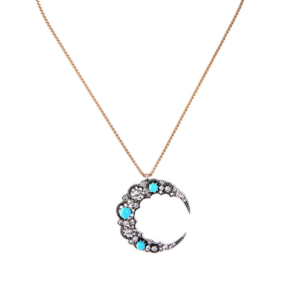 Blue Cubic Zirconia & 18K Gold-Plated Moon Pendant Necklace