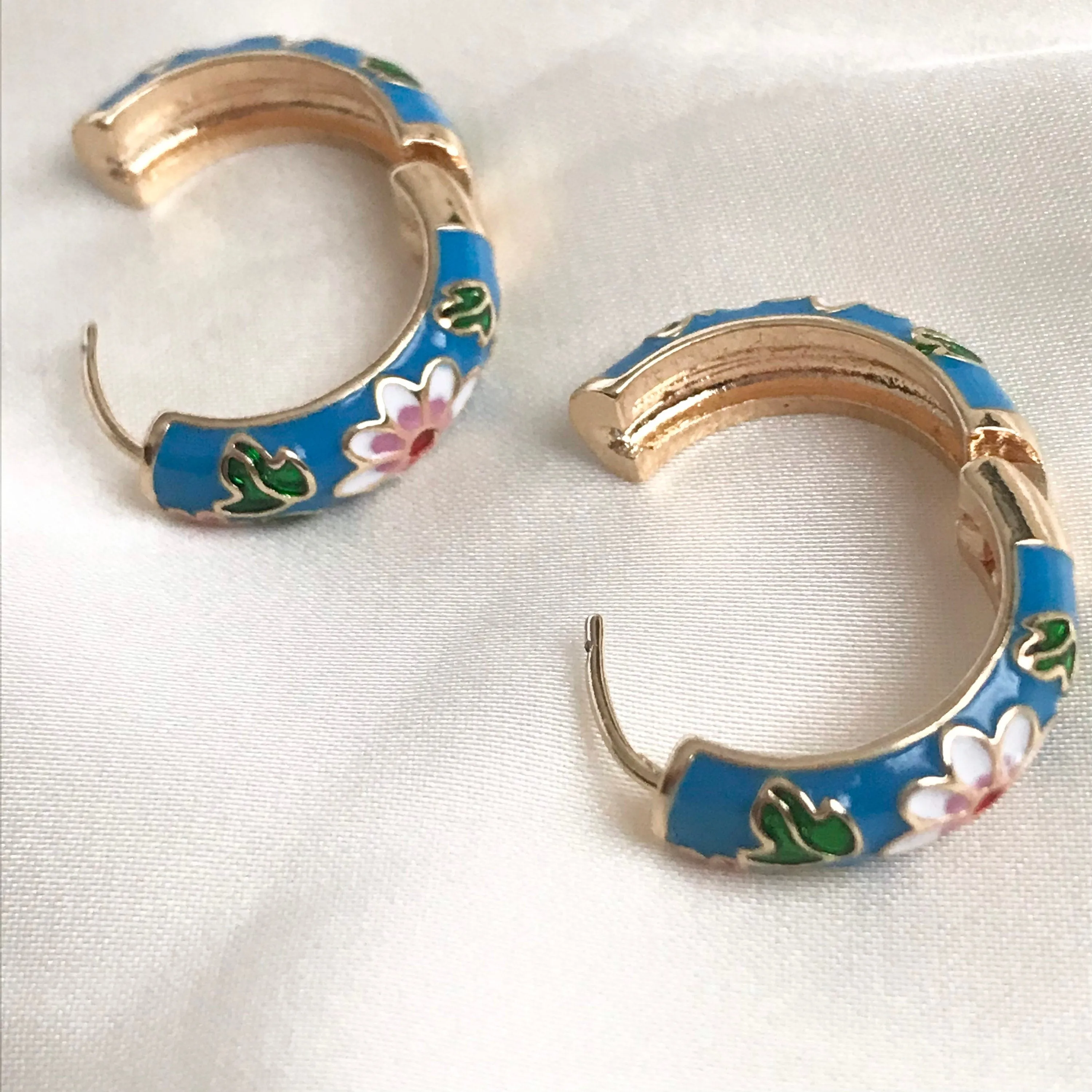 Blue Flower Hoop Earrings - Hanging Jewellery, Accessories, Flower Earrings, Flower Jewlellery, Vintage Style Earrings,Pink Flower Earrings