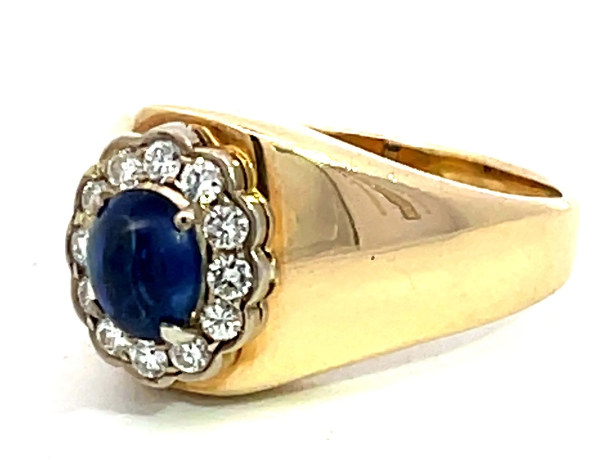 Blue Sapphire Diamond Halo Band Ring in 14k Yellow Gold