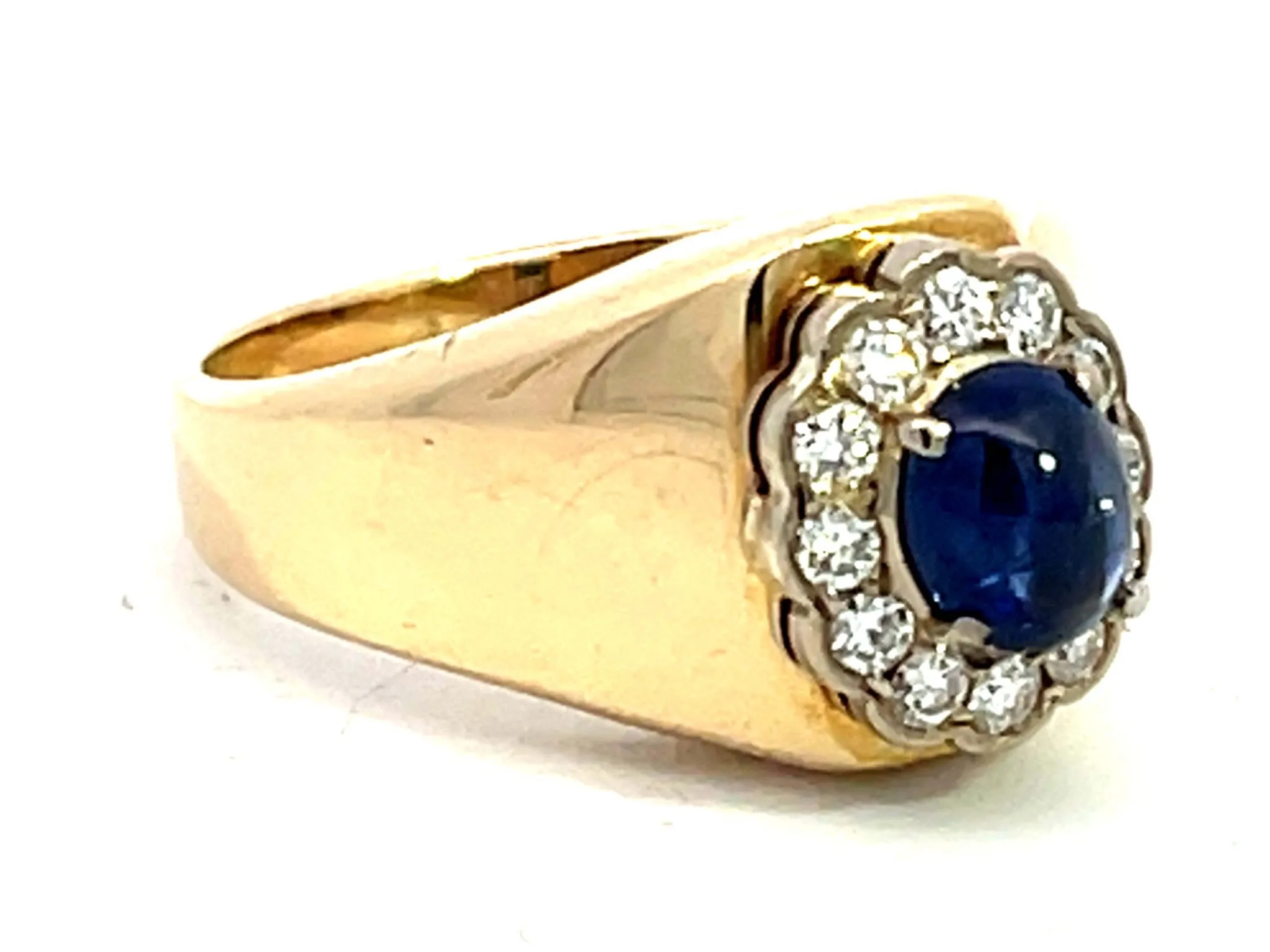 Blue Sapphire Diamond Halo Band Ring in 14k Yellow Gold
