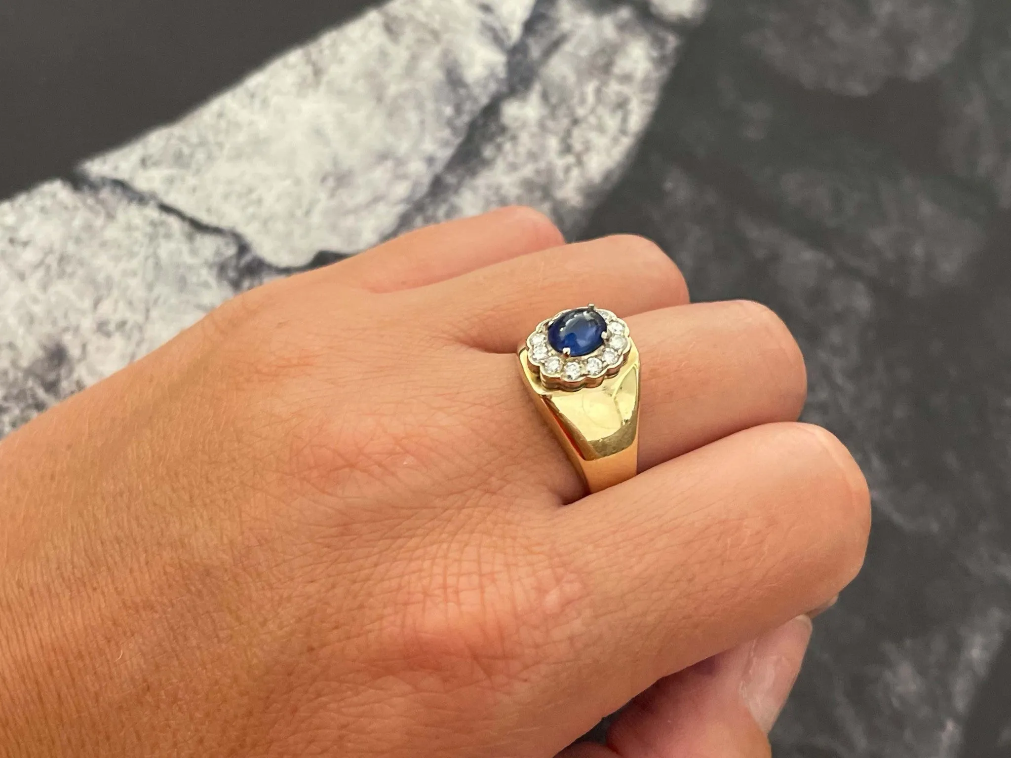 Blue Sapphire Diamond Halo Band Ring in 14k Yellow Gold