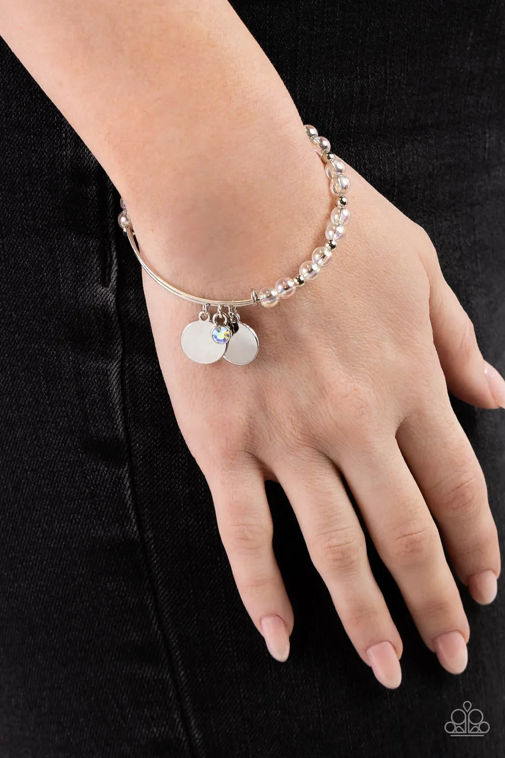 Bodacious Beacon - White - Glassy Bead Iridescent Gem Paparazzi Bangle Bracelet