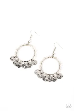 Bohemian Beach Blast  - White - Seed Bead Textured Silver Disc Hoop Paparazzi Fishhook Earrings