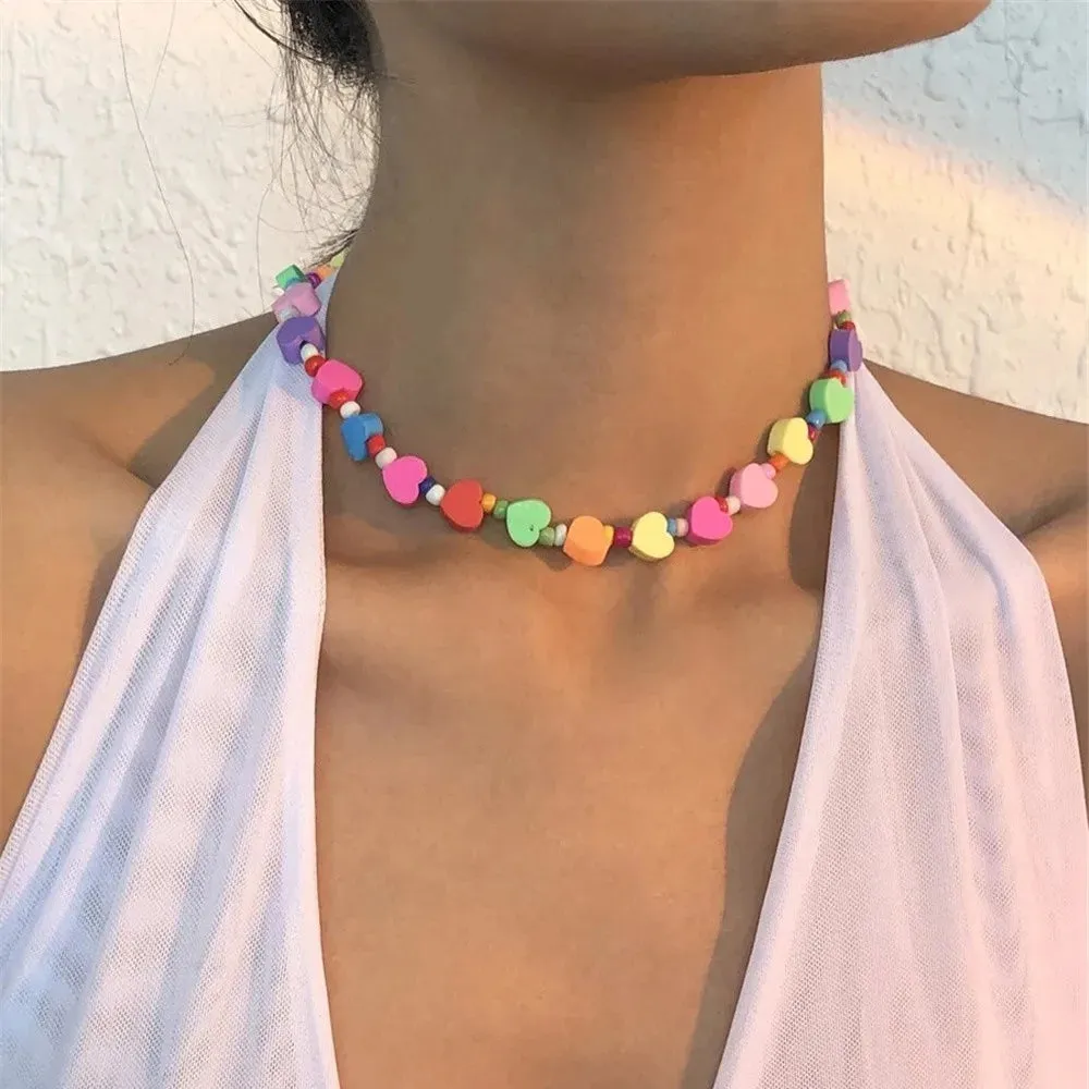Boho Choker Simple Vintage Red Heart Shape Necklace For Women Fashion Collar Beads Jewelry Party Gift