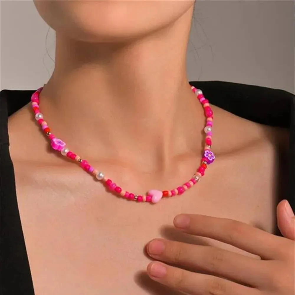 Boho Choker Simple Vintage Red Heart Shape Necklace For Women Fashion Collar Beads Jewelry Party Gift