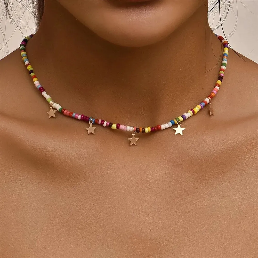 Boho Choker Simple Vintage Red Heart Shape Necklace For Women Fashion Collar Beads Jewelry Party Gift